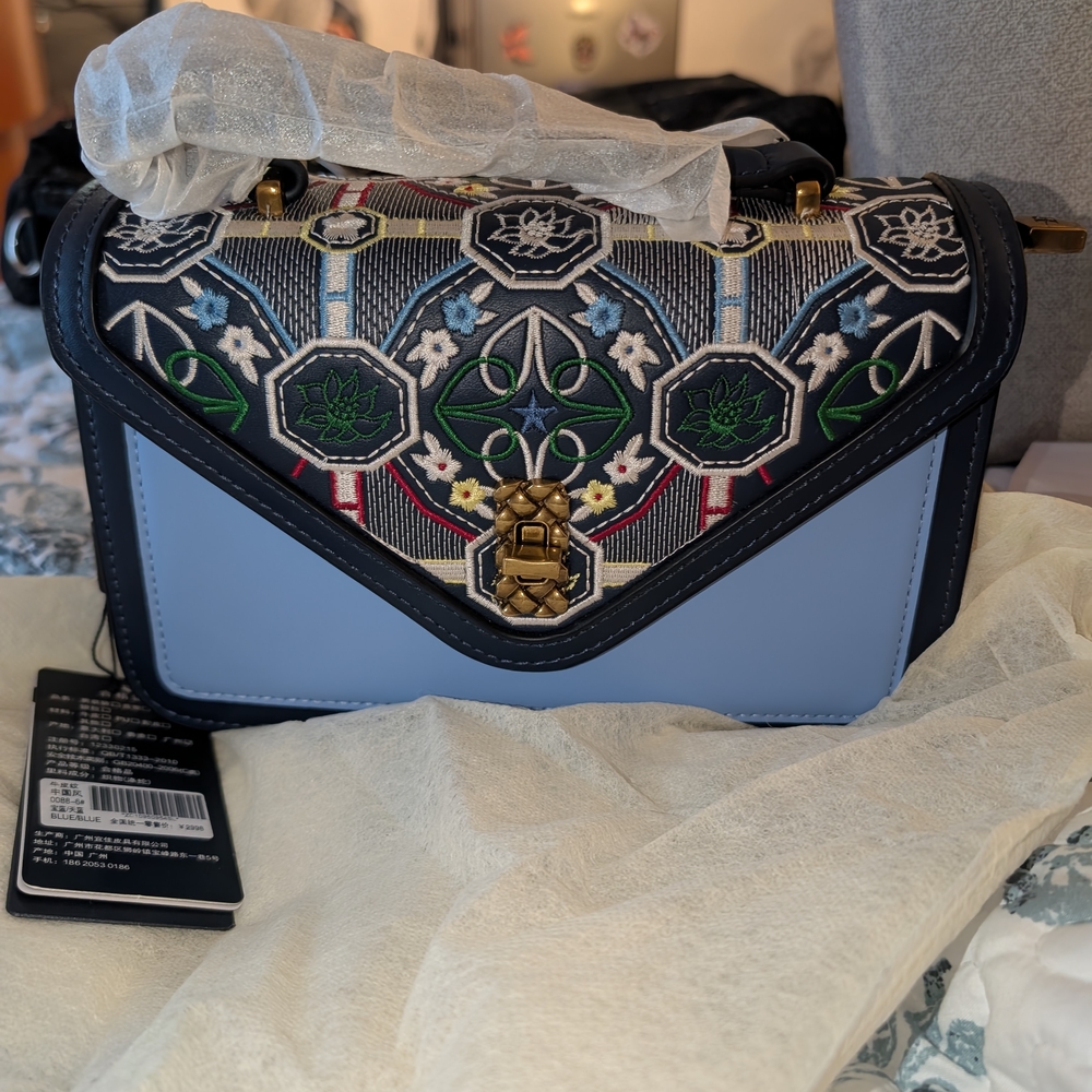 Embroidered Blue and Black Women's Bag